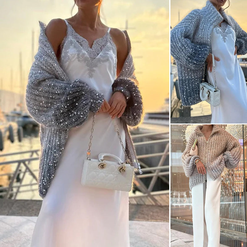 Sweter dzianinowy z jednolitymi cekinami