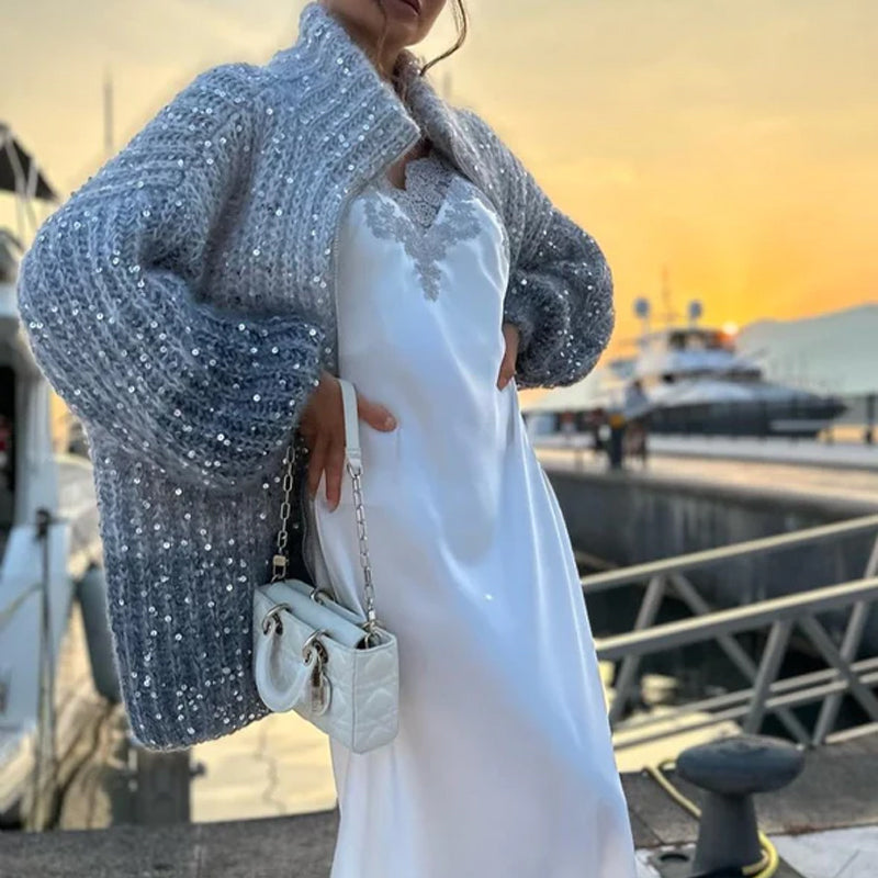 Sweter dzianinowy z jednolitymi cekinami