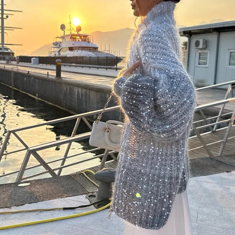 Sweter dzianinowy z jednolitymi cekinami